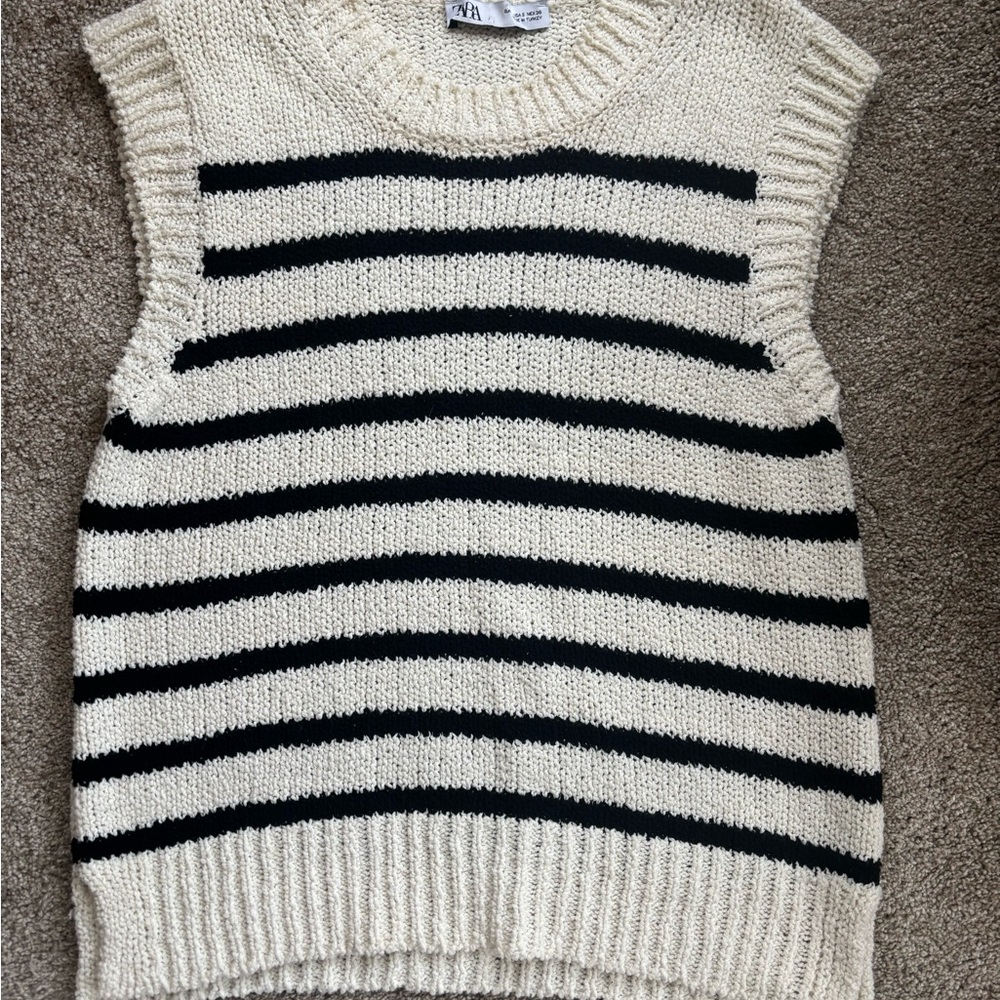 Zara Black and Cream Striped Sweater Vest